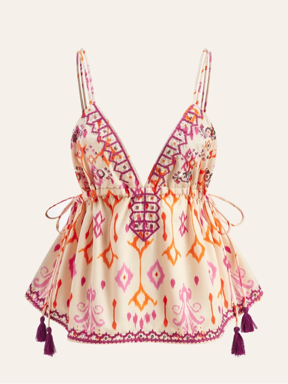 Zara Boho Embroidered Babydoll Cropped Top Vibrant Ethnic Print Tassel Ties